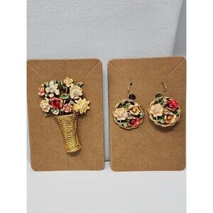 Vintage BSK My Fair Lady Signed Brooch Pin & Earrings Enamel Flowers Basket MCM